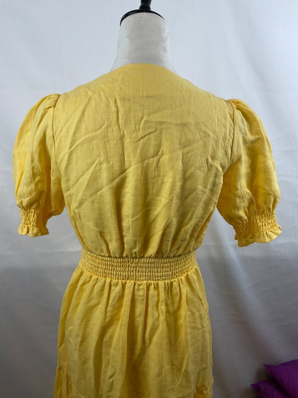 Boden Anne Linen Tiered Midi Dress US 4R Yellow Short Puff Sleeve V-Neck - Picture 7 of 10